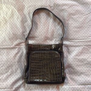 Brighton Brown Faux Patent Leather Crocodile Embossed Handbag Silver Accents EUC